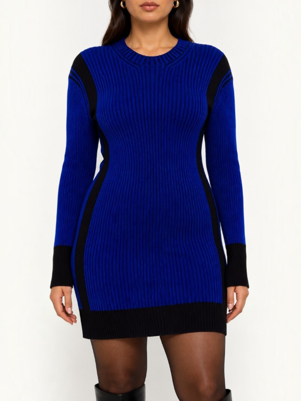 McQ Alexander McQueen Ribbed Knit Bodycon Sweater Dress Colorblock Cobalt Black